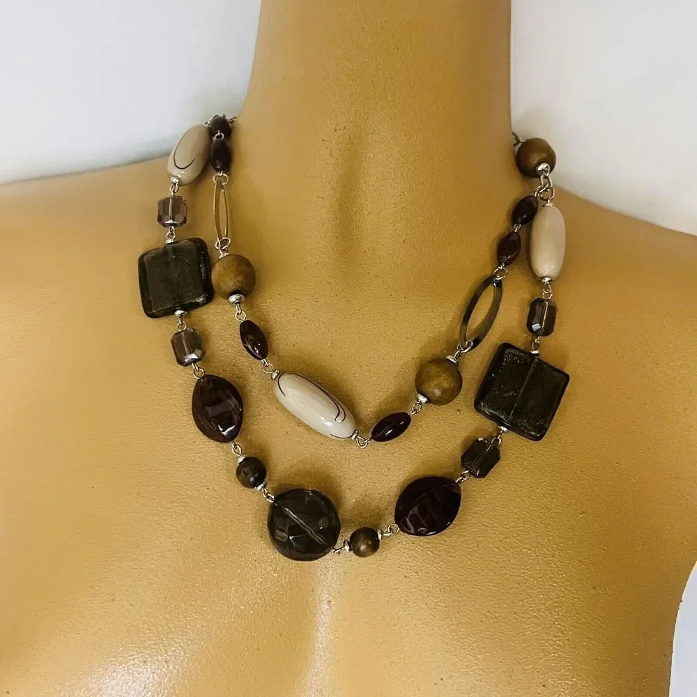 Premier Designs  SABLE 2 Strand Necklace Earth Tones Chunky Beads Glass Resin